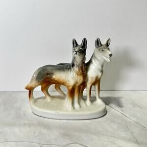 Vintage Japanese Porcelain Figurine of 2 Dogs German Shepherd Style Brown White